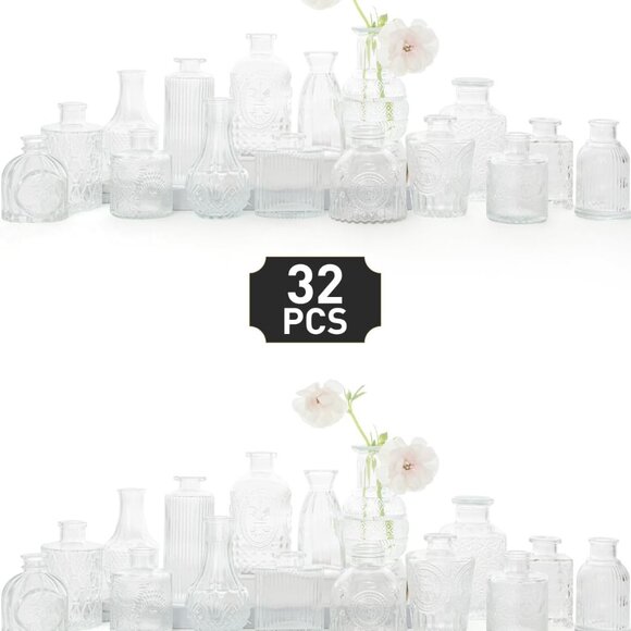 Glass Bud Vase Set of 32 - Clear Bud Vases in Bulk, Small Vases for Flowers, Cut
